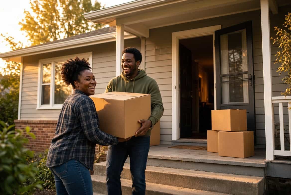 Family unpacking moving boxes in their new Michigan home after a coordinated relocation