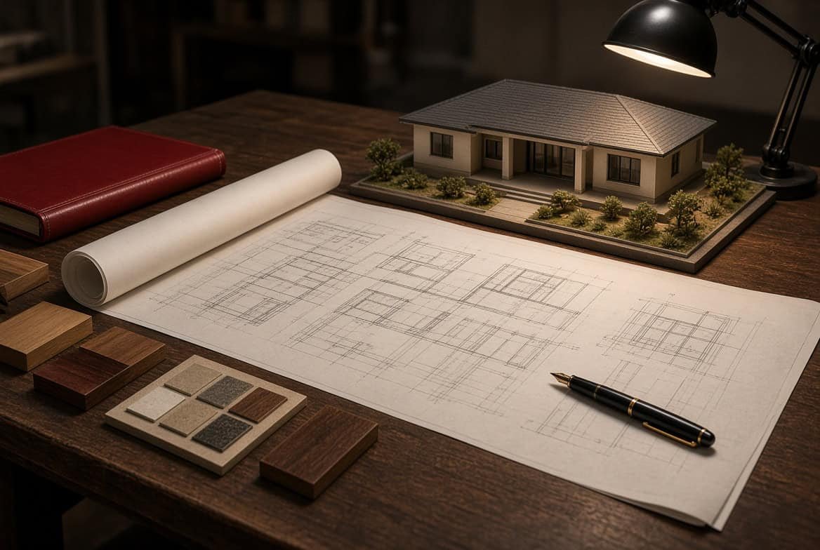 Architectural blueprints and drafting tools for custom studio design