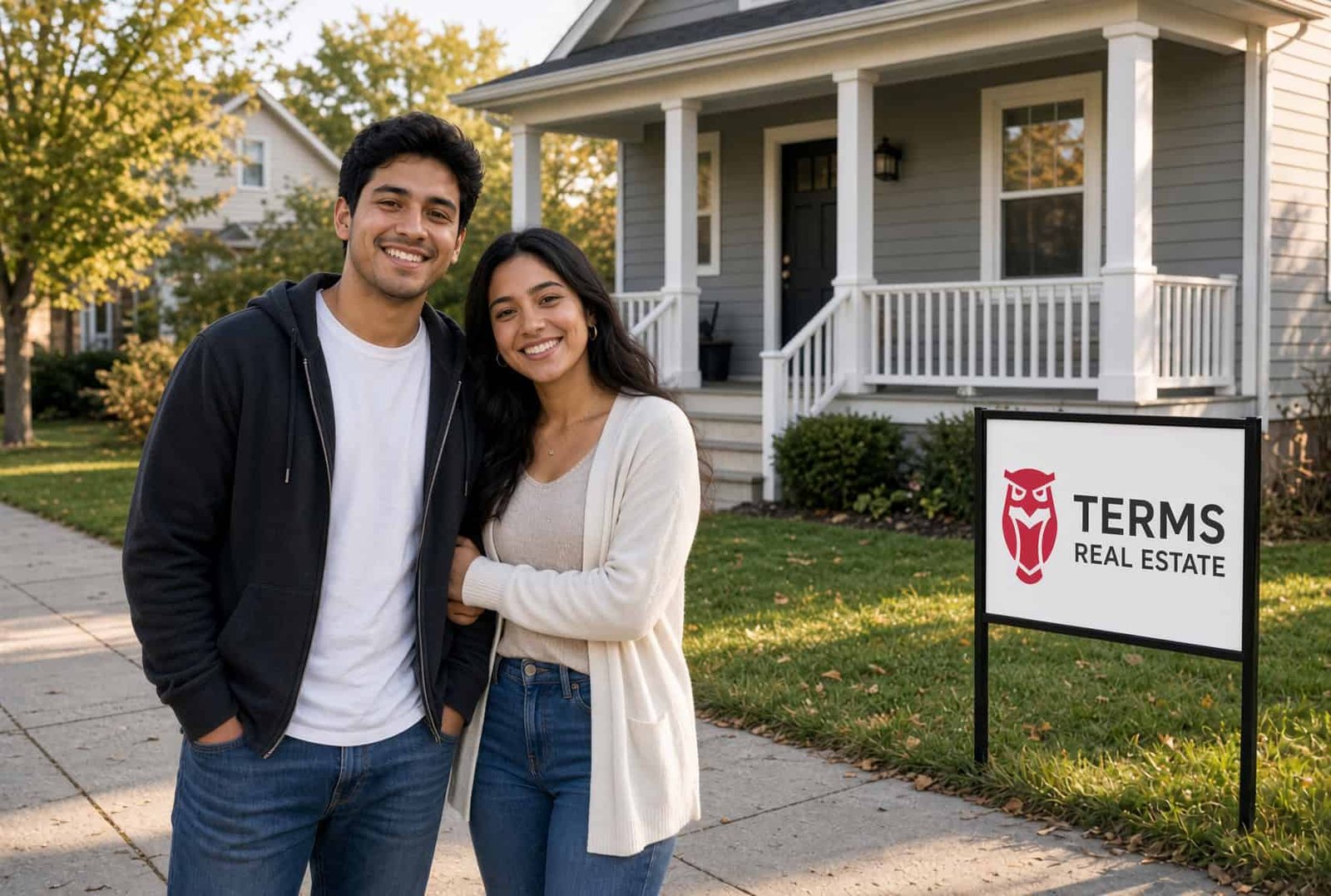 New Michigan homeowners celebrating purchase in front of yard sign
