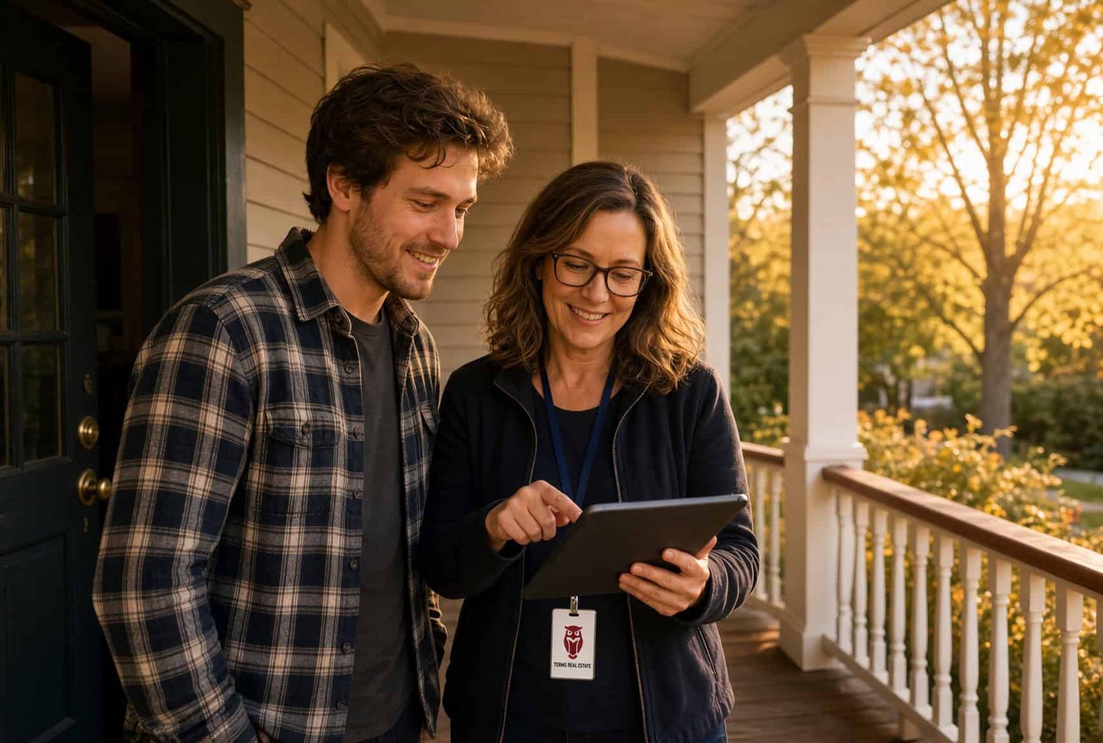 Terms Real Estate advisor conducting an in-person front porch consultation with a Michigan homeowner